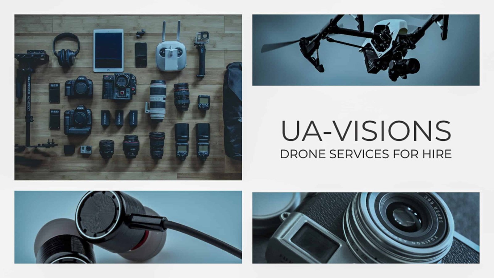 Professional Drone Services Banner by UA Visions Portfolio Banner showcasing 'UA Visions: Drone Services for Hire' with a professional setup including an iPad and camera equipment.