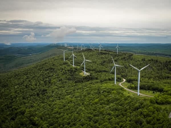 Aerial view of wind turbines spread across a green, mountainous landscape, showcasing renewable energy technology in harmony with nature.